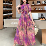 Design Wood-Like Ear-Side Bubble-Sleeved Dress Women's Waist Thin Temperament Print 100-Fold French Holiday