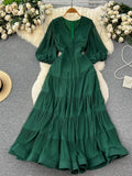 Vintage Women Pleated Long Dress Elegant V-Neck Puff Short Sleeve High Waist A-Line Ruffle Draped Big Swing Maxi Robe