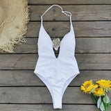 2025 New Solid-Color Swimsuit Women Feel Deep V-Loand Back Half Dress