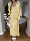 Hot Knitted Hollow Vest Long Skirt + Long Sleeve Open Shirt Set Women's Soft Knitwear