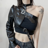 Irregular Metal Buckle Hanging Neck PU Leather Unilateral Sleeve Leather 2025 Spring And Autumn New Women's
