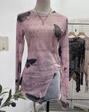 Tie-Dye-Print Net Yarn Jersey Long-Sleeved Top Irregularly T-Shirt With Thin Short T-Shirt