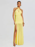 New Solid Color Sexy Hanging Neck Mesh Splicing Dress High-End Temperament Open Dress Dress
