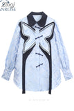 2023 Autumn New Lapel Collar Long Sleeve Blue Blouse Bow Decoration Shirt Women Elegant Ladies Button Up Tide Chic
