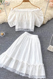 Women Hollow Out Lace Two Piece Set Orange/Purple/White Slash Neck Puff Sleeve Tops + High Waist Ruffle Skirt Beach
