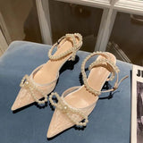and American New Mesh Pearl Baotou Thin Heeled Sandals Pointed Bow High Heels