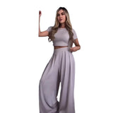 Summer Women's Round Neck Solid Color Sexy Wide Leg Pants Fashion Casual Suit