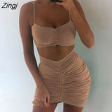 Two Piece Sexy Pleated Party Dress Women Spaghetti Strap Backless Slinny Pencil Christmas Dress Casual Dress