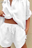 Shirt Women Loose Shorts Set Office Lady Tracksuit Long Sleeve Two Piece Sets 2023 Summer Blouses and Shorts Suit