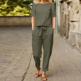 Women's Cotton Tample Summer With Suit Half-Sleeved O-Neck Oversized Hoodie E Broad Leg Pants Retro Two-Piece