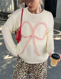 Yang Autumn And Winter Sweater Women Loose Round Collar Hand Embroidered Bow Jacket