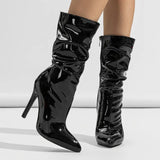 Of Pointed Thin Heel Pile Boots Patent Leather Bare Shoes Short Barrel High Heeled Knight Boots 35-42