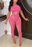 2023 Sexy See Through Mesh Patchwork Jumpsuits Women Long Sleeve Round Neck Skinny Long Rompers Club Streetwear