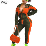 Casaul Women Sportsuit Two Piece Set Drawstring Color Patchwork Jacket Coat + Long Pants Clothes For Women