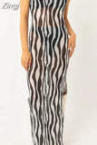 Women Long Dress Striped Print Sleeveless O-neck Mesh Sheer See Through Side High Split Beach Cover Up Female