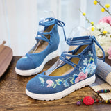 Zingj White Sole Embroidered Cloth Shoes High Heel Slope Canvas Embroidered Women's Singles Shoes Lace Retro National Style Cloth