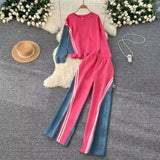 Zingj Version Of Casual Sports Suit Female Autumn Design Sense Loose And Versatile Round Collar Hoodie High Waist Jeans Splicing