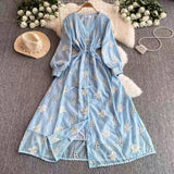 French Wind And Breeze Floral Dress Women's Autumn Mesh Embroidered Lantern Cuff Strap Design Chic Super Fairy