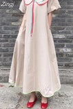 Pan Collar Summer Dress women Solid Beige Black ladies Casual Long Dress Girls Cute Holiday Woman Dress Robe