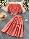 Two Piece Set Women Vintage Square Collar Short Sleeve Tops + High Waist A-Line Skirt Female Suits 2023