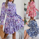 Shooting Autumn And Winter Elegant Lead Flowers To Close The Waist Long-Sleeved Lotus Leaf Side A Dress Women's