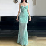 Chinese Chinese Light Green Shoulder Butterfly Print Fishtail Sling Skirt Sexy Hip Through Mesh