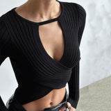 Zingj Women's Autumn New Sexy Show Thin Crop Pit Knit Long Sleeve Jacket Female- Outfit