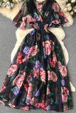 Vintage Black Floral Printed Chiffon Long Dress Elegant V-Neck Short Sleeve High Waist A-Line Maxi Vestidos Female