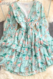 Women Green/Purple/Beige Floral Chiffon Dress Bohemian V-Neck Lantern Long Sleeve High Waist Ruffle Vestidos Female