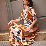 Women's Clothing V-Neck Waist-Print Dress Two-Piece Splicing Fashion