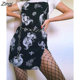 Women's Dragon Pattern Print Sling Dress Summer Fashion Wild Sleeveless Spaghetti Strap Split Mini