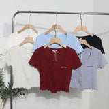 Casual Wood-Eared Embroidery Short Small Cardigan Bottom Shirt T-Shirt T-Enum T-Shirt