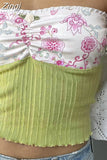 Women Y2K Sexy Strapless Tube Crop Tops Fairy Grunge Summer Knitted Floral Print Patchwork Tank Vest Streetwear