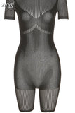 Sexy See Through Hollow Rompers Women Summer Short Sleeve Skinny Elastic One Piece Playsuits Lady Activity