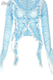 Women Light Blue Y2K Sweet Street Casual Sexy Slightly Transparent Ruffle Lace Up Decoration Elastic Slim Chic