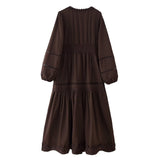 Women's Summer - The New Fashion Temperament V-Neck Splicing Lace Hollow Design Feeling Long-Sleeved Waist