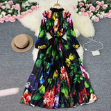 Zingj Luxury Retro French Round Collar Lantern Long Sleeve Print Dress Women's Belt With Loose Waist Show Thin Pleated