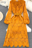 Autumn Red/Yellow/Purple/Blue Hollow Out Embroidered Long Dress Women Vintage V-Neck Puff Sleeve Party Maxi Vestidos