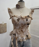 Shoot French Retro Irregular Lotus With Chest Cushions With Ribbon Sling Vest Summer Chiffon Top