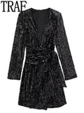 Black Sequin Dress Woman Glitter Velvet Blazer Dress Women Long Sleeve Short Dresses Autumn Winter Elegant Party