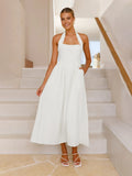 Women's Clothing 2025 New Temperament Pure Color Side To Receive Waist Hanging Neck-Laught