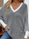And Winter New Loose Knitted Stripes V Collar Bat Sleeve Splicing Stuff Sweater Women's