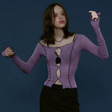Purple Top Women Long Sleeve Top Shirts 2020 Hollow Out Slit Hem Autumn Streetwear Slim Cotton Ladies Casual