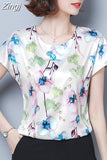 Women Floral Print Silk Casual Blouse 2023 Summer Korean Loose Short Sleeve Round Collar Casual Ladies Tops 9373