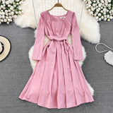 Vintage Women Square Collar Midi Dress Elegant Green/Pink/Red High Waist Slim Draped Big Swing Vestidos Female Robe