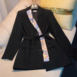 Autumn Women Irregular Splicing Silk Scarf Blazer Lady Office Slim Jacket Plus Size Solid Color Coat with Belt
