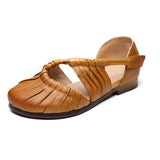 Time 79] Leather Soft Soles Flat-Soled Sandals Women Summer National Wind Handbag Head Wrapped Mother