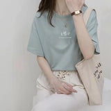 Zingj Sleeve Korean Round Collar T-Shirt Female 2024 Summer Loose Plant Print Casual Solid Color Student Half Sleeve Top