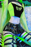 Gothic Cyber y2k Neon Green Fishnet Patchwork Smock Top Sexy Dark Academia Women's T-shirts 2 Pieces Party