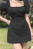 Square Neck Korean Fashion Solid Summer Dress Mini Casual Hollow Out Dresses for Women 2023 Cute Sundress Clothes